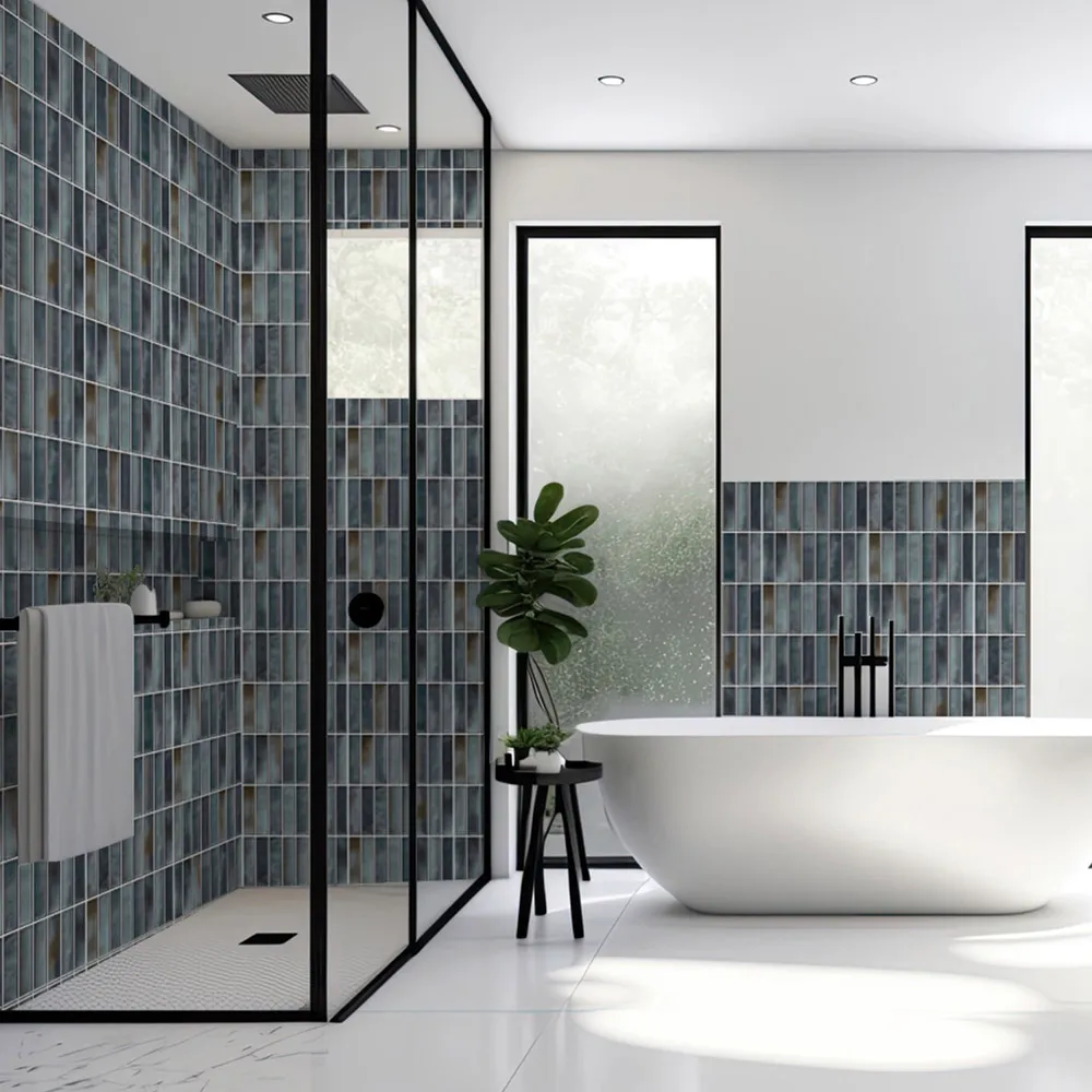 Vertical kit-kat wall tiles visualised in a modern bathroom shower and wainscot