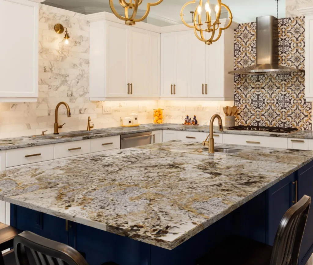 Granite kitchen countertop and decorative wall tiles visualised in a kitchen setting