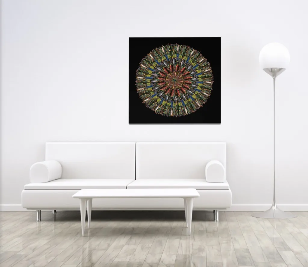 Wall art visualised above a sofa in a modern living room