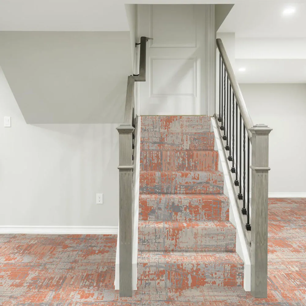 Stair carpet visualised edge to edge on a residential staircase — orange and grey pattern
