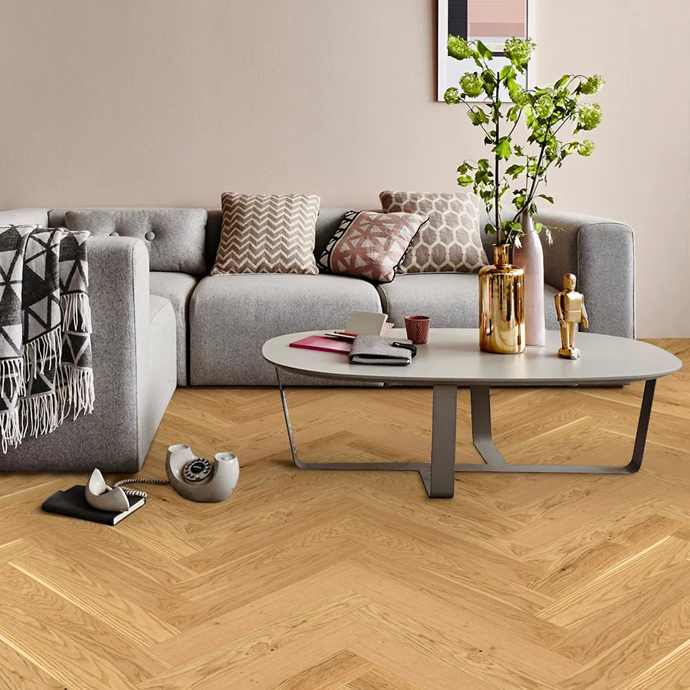 Residential herringbone parquet flooring visualised in a modern living room