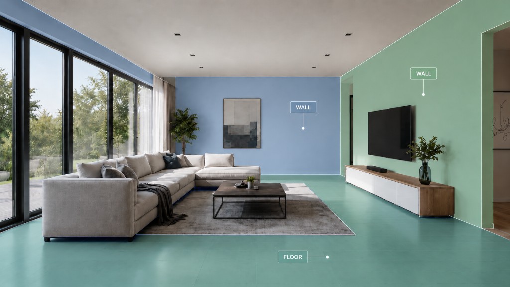 Living room with AI segmentation labels overlaid