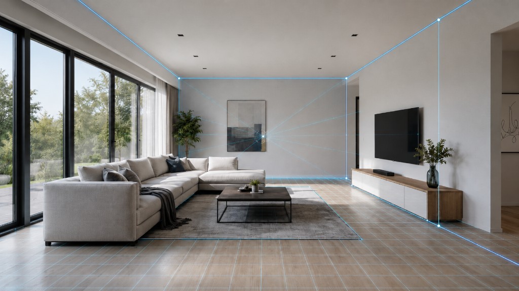 Living room with perspective analysis lines overlaid