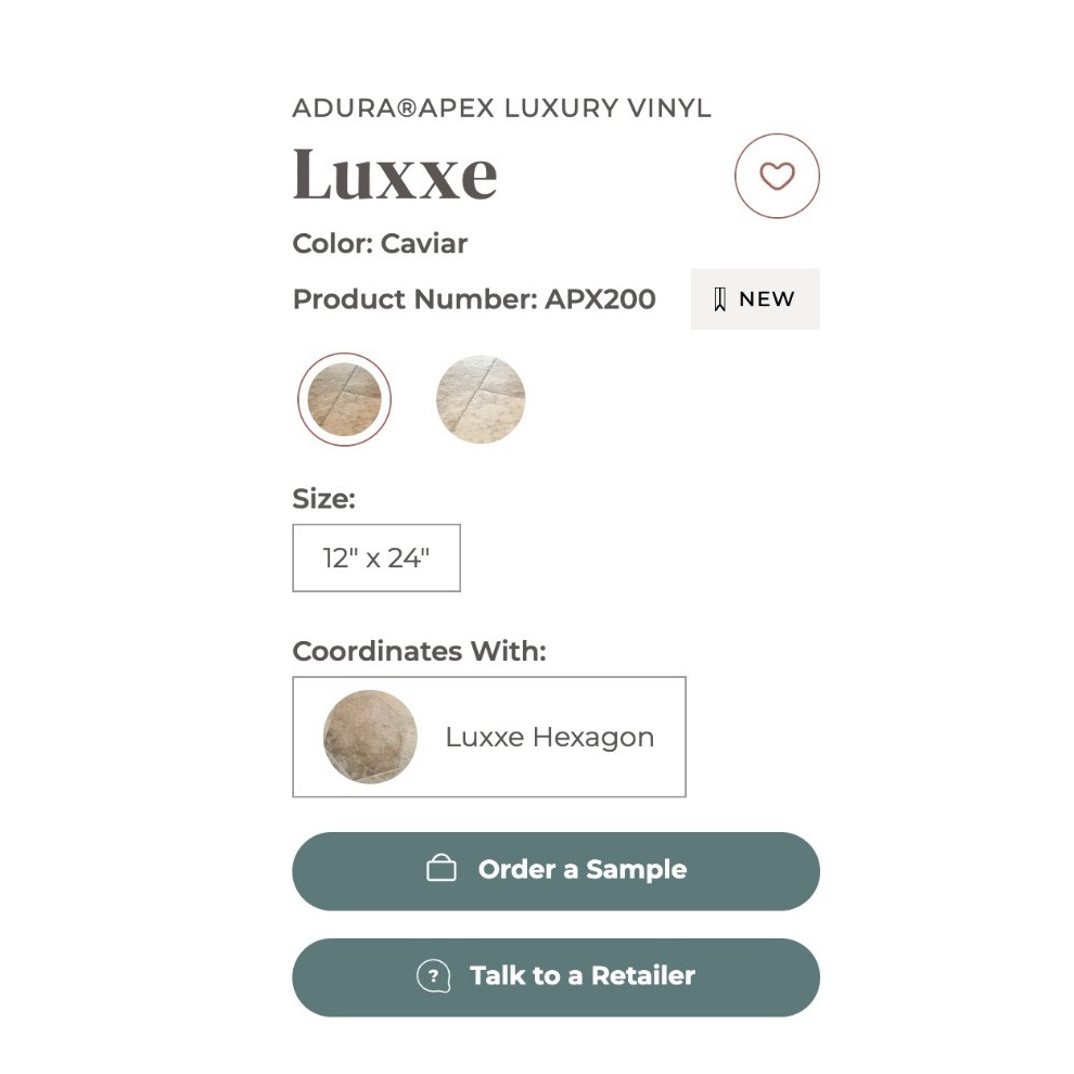 Product detail page with Order a Sample and Talk to a Retailer action buttons
