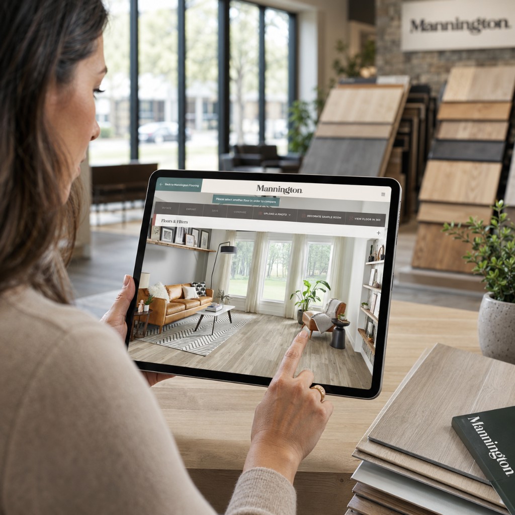 Showroom advisor using the Mannington visualiser on a tablet surrounded by flooring samples