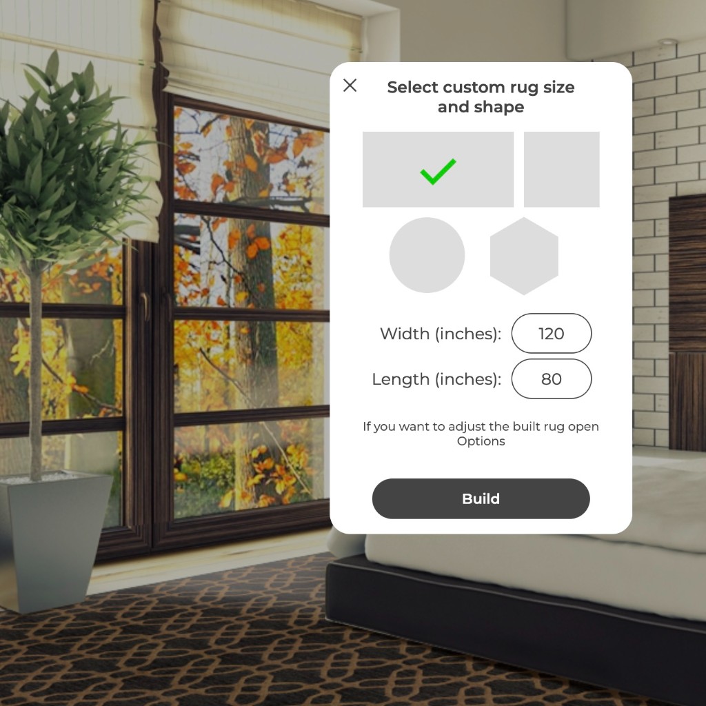 Custom rug size and shape selector shown over a room scene