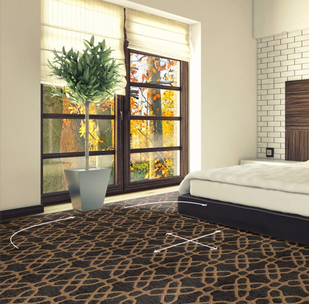 Rug placement tool with rotation and positioning controls shown in a room scene