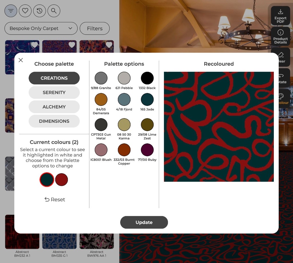 Bespoke colourway recolouring tool — choose palette, swap colours, preview in room